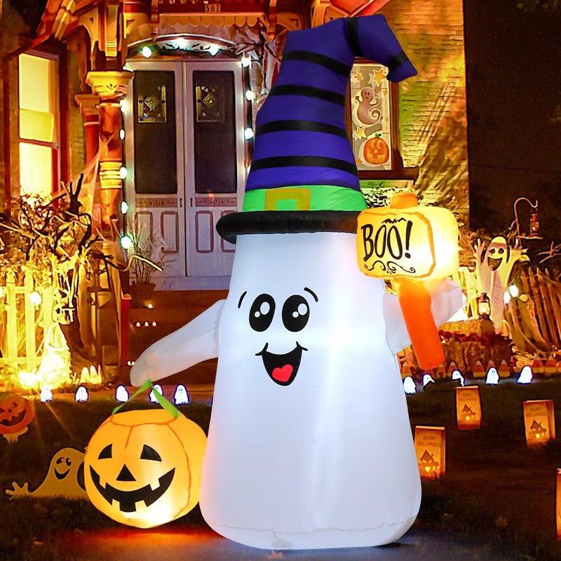 GOOSH 5 FT Halloween Inflatables Ghost Outdoor Decorations Blow Up Yard Cute Wizard Ghost with Pumpkin with Built-in LEDs for Garden Lawn Indoor Party Holiday Decor - Image 3